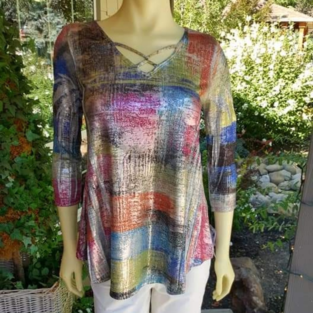 Shimmer top with criss-cross neck